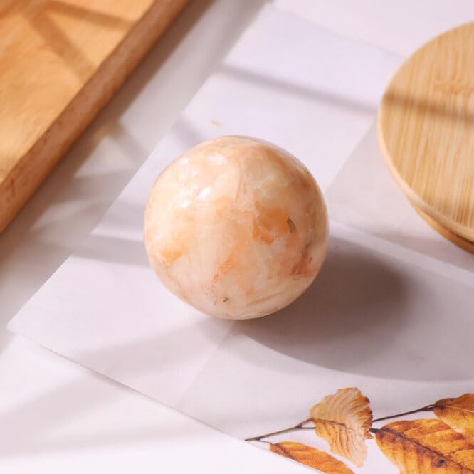 Image of Natural Stilibite Crystal Ball 150-200 Gm with Wooden Stand | Polished Healing Crystal Sphere for Reiki, Meditation, Feng Shui, Vastu Decor & Crystal Collection