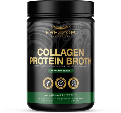 Frezzor 100% Grass-Fed Collagen Protein Bone Broth, New Zealand Bovine Collagen Peptides Type I Ii Iii V Vi Viii Ix, Joint Pain, Anti-Aging, Weight-Loss, Improves Digestion, Seasonal Herbs Flavor #TOP19