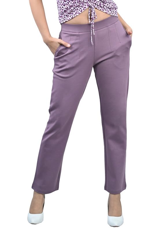 Image of Mlada Straight Fit Cigarette Pencil Pants Elastic Waist Band Mid High Waist Formal Office Trousers for Women, Pockets for Travel Stretch Cotton Knit Full Length Regular /Plus Size