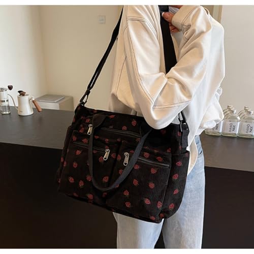 Image of Women Strawberry Bags, Corduroy Everyday Tote Bag Kawaii Shoulder Purse Handbag Crossbody Work Bag