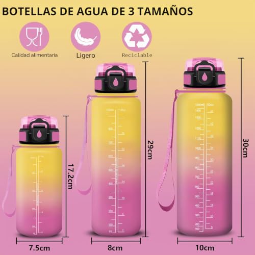 Miniatura 5 de Botella Agua Gimnasio, A Prueba de Fugas Botella Agua 1 litro, Diseño de Cerradura, Cantimplora con Pajita, Cantimplora con Marcador de Tiempo para Colegio, Hogar, Exterior