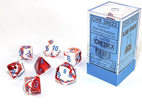 Chessex Gemini Polyhedral Dice Set Red and White with Blue