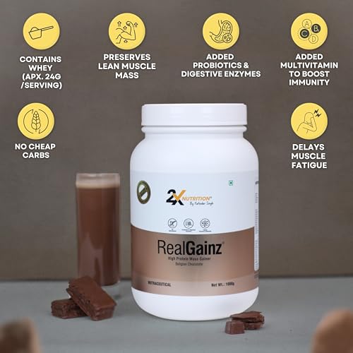 Image of REALGAINZ by 2X Nutrition | High-protein mass gainer | 78g Carbs per serving | High protein (26g) Natural weight gain | Build lean muscle mass | contains digestive enzymes (1Kg, Belgian Chocolate)