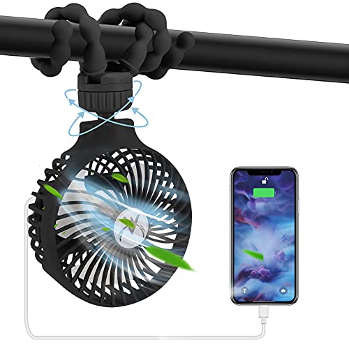 Portable Stroller Fan for Baby, Bike Fan USB Treadmill Fan Desk Fan Mini Handheld Stroller Fan, Rechargeable Fan with 4000mAh Power Bank 4 Speed 360 Â°Rotation Fan for Car Stroller Bed Office(Black)