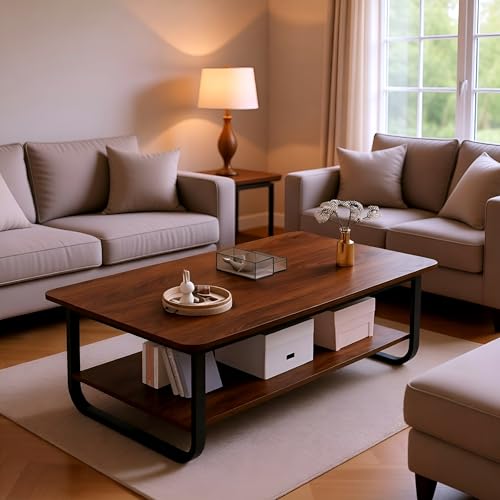 Image of Engineered Wood Coffee Table with Metal Base & 2 Tier Storage | Modern Rectangle Center Table for Living Room Sofa Set | Easy DIY Assembly (90 x 48 x 48 cm) (Brown - Black)