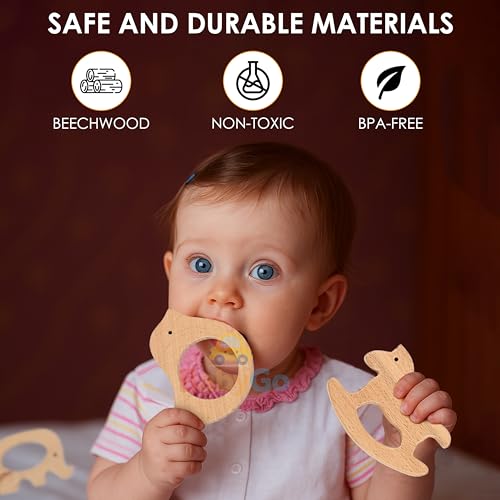 Image of BabyGo Wooden Baby Teether Combo | Natural Beech Wood Animal Shape Toy, Handmade & Eco-Friendly | Safe & Gentle Gum Soother, Biodegradable Wooden Teething Relief Toys (Pack of 3)