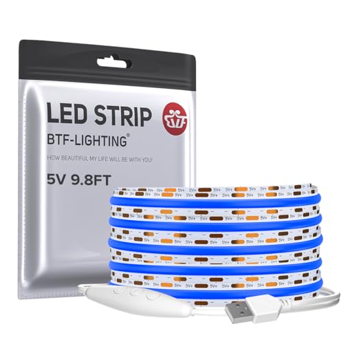 Image of BTF-LIGHTING 5V USB Blue Color COB LED Strip Lights Super Bright Dimmable LED Tape Light,9.8FT 320LEDs Flexible Light Strip with Strong 3M Tape for 3D Printer,TV Backlight,Cabinet,Home Lighting