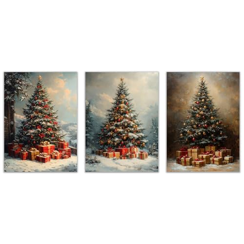 NEKAOEU(ネカオウ) 3枚セット クリスマスアートパネル ギフトクリスマスツリー 冬の森の 絵画 ,壁絵 抽象 ボード ,インテリア ポスター 大判 ,おしゃれ リビング ダイニング 華やか 写真パネル(ゴールデン5)-40x60cmx3 額無し