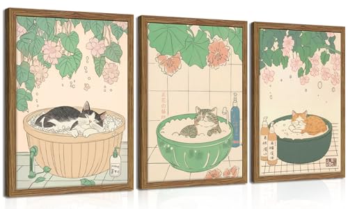Japanese Cat Bathroom Wall Art Set of 3, Funny Cat