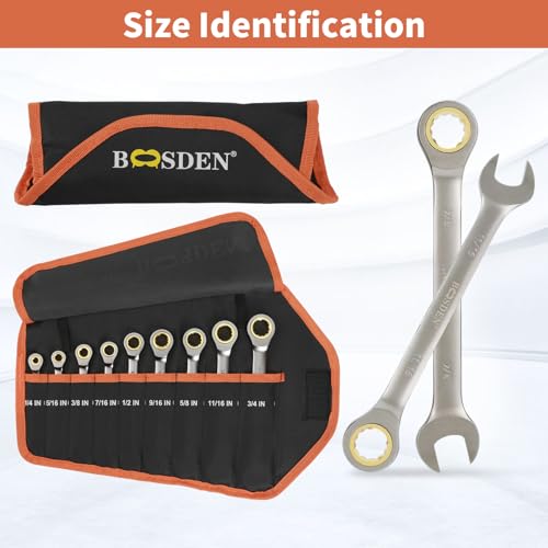 Image of BOOSDEN 9-Piece Ratcheting Wrench Set, High-Carbon Steel Ratcheting Wrenches Set with Roll-Up Pouch, SAE 1 /4-3 /4 inch Combination Ratchet Wrench for Auto Repair, Mechanical, Household, Garage, Boat
