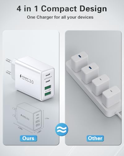 USB C Ladegerät mit USB C Kabel 2M, 40W 4-Ports Schnellladegerät Stecker für iPhone 17 16 15 Pro Max Plus, iPad, Handys, Mehrfach USBC Fast Charger Netzteil PD3.0 Power Adapter Ladestecker