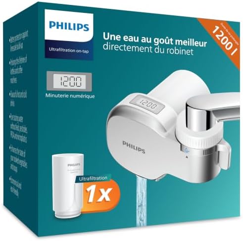 Philips Water Filtro de Grifo AWP3756P1/10, ULTRAFILTRACIÓN con PANTALLA DIGITAL, capacidad de filtración de 1200 L, reduce CLORO, PLOMO, MICROPLÁSTICOS y BACTERIAS