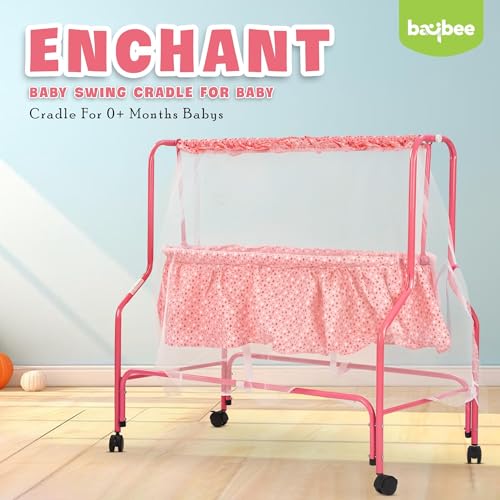 Image of BAYBEE Enchant Baby Swing Cradle for New Born with Mosquito Net, Lock Swing & 360 Rotating Wheels | Jhula Palna for Infants Boys Girls | Pink