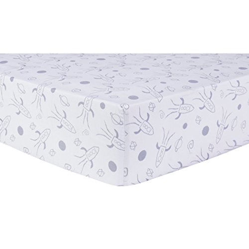 Image of Galaxy Fitted Crib Sheet - Rocket Ships Scatter Print, Gray, Fully Elasticized, 8 in Deep Pockets, Fits Standard Crib Mattress 28 in x 52 in