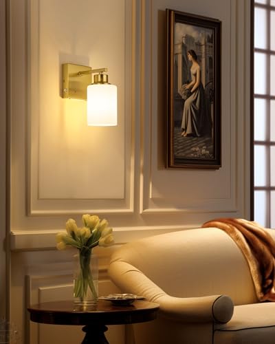 Image of Rayogale Wireless Battery Operated Wall Sconce Set of 2 with Remote Control | Gold Dimmable Rechargeable Wall Lights with Timer, Easy Install White Glass Lamp for Living Room Bedroom, Emergency 3000K
