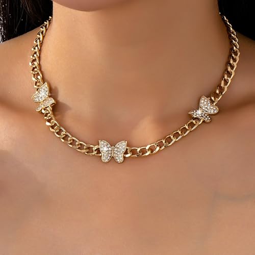 Zurlcdye Chunky Gold Butterfly Necklace Rhinestone Butterfly Chain Necklace Statement Cuban Link Trendy Gold Jewelry Gifts by Zurlcdye - Used condition - Image 2