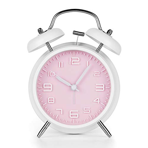 PILIFE 4-inch Cute Analog Alarm Clock for Kids, Loud Analog Twin Bell Alarm Clock for Heavy Sleepers, with no Snooze and Non-Ticking Alarm Clock for Bedroom Teen, Backlight, Battery-Powered,Pink