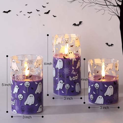 Image of Purple Ghost Halloween Flameless Pillar Candles with Remote Set of 3