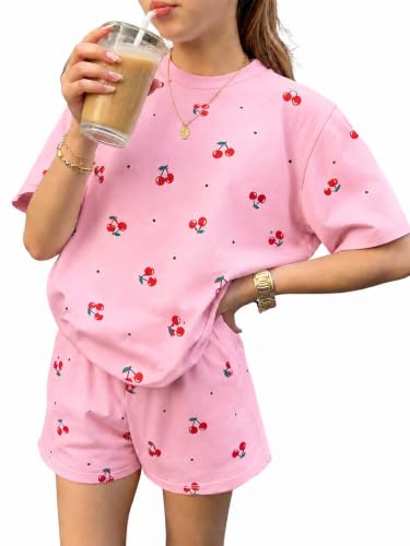 Image of KIDLAGA Girls Two Piece Sets Cherry Pattern Short Sleeve Shirts and Shorts Set With Pockets Girls Summer Outfits Size 7-14