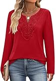 Long Sleeve Shirts for Women V Neck Plus Size Tops for Women Trendy Fall Fashion Christmas Tunic Sweaters Casual Red M