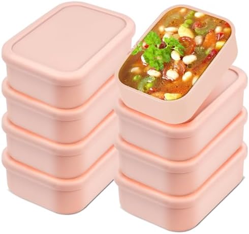 8 Pack 2 Cup Silicone Freezer Trays with Lid, Reusable Soup Containers Freezer Molds Food Preserving Tray for Ice Soup Sauces Stews (Pink, 700ML)