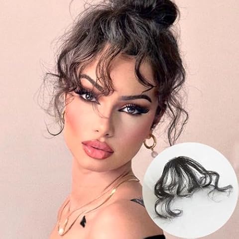 VAVANGA Curly Bangs Clip in Hair Extension, Synthetic Hair French Bangs Clip on Wispy Bangs Natural Curly Air Bangs Fake Fringe Bangs Hair Piece for Women (Natural Black) Cover