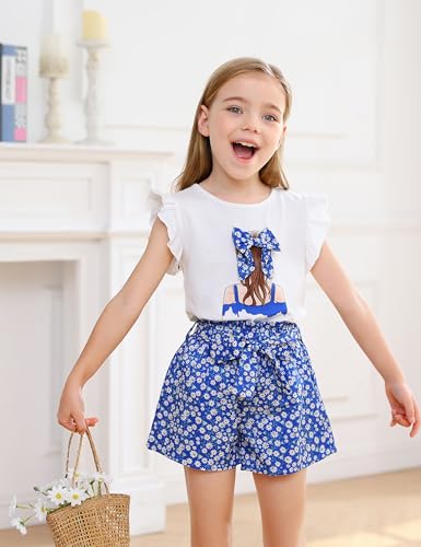Image of Toddler Girl Clothes 2 Piece Girls Outfits Set Print Bow Top and Belted Ditsy Floral Shorts for Spring Summer