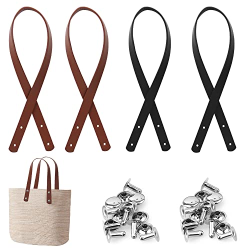 WACH AUF 4 Piezas Asas de Repuesto de Cuero Asa para Bolso 60cm Correa de Bolso Imitación Cuero Cuero PU con Remaches Manijas Bolso Cuero para Bandolera Monederos Correas Bolsos (Marrón, Negro)