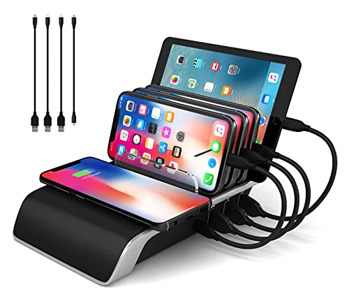 Wireless Charging Station for Multiple Devices,4 Ports 5 in 1 Fast Charging Dock 45W 9A USB Type C Charger Built-in AC Power Cable for iPhone,iPad,Apple,Android,Samsung,Tablets,Smartphones,Electronics