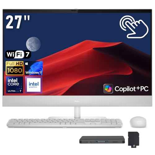 Image of Dell 27 inch FHD Touch All-in-One AI Desktop, Intel Core Ultra 7-355, 64GB DDR5, 5TB Storage (4TB SSD+1TB Docking Station), Intel Graphics, Wireless Keyboard & Mouse, FHD Camera, Wi-Fi 7, Win 11, White