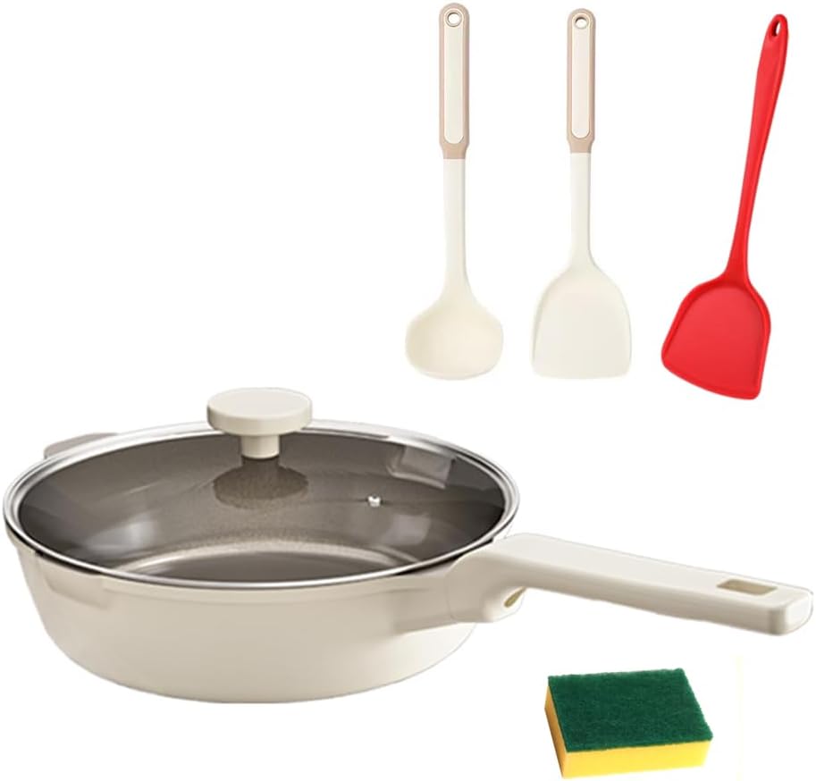 12 Inch Nonstick Ceramic Frying Pan Deep Frying Skillets Set with Lids - Free of PFAS/PTFE Non-toxic Chef's Pan with Soup Ladle Spatula Compatible with All Stovetops (White, 12-Inch)