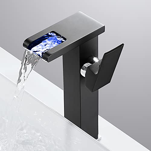 Grifo baño cascada latón negro monomando con luz LED para lavabo 6
