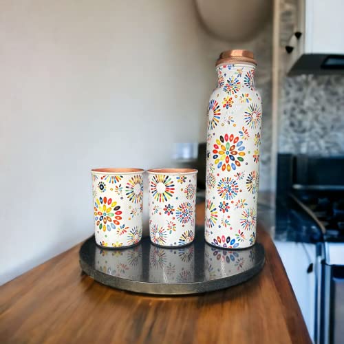 Image of Copper Water Bottle 1 Ltr | Copper Water Bottle with Glass Set | Meena Work | 100% Pure | Leak-Proof | 2 Water Glass 300ml each | Best for Gifting ((Balloon Design))