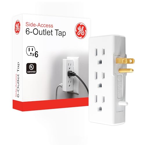 GE 6-Outlet Extender, Side Access Wall Tap, 3-Prong, Multiple Plug, Vertical Power Splitter, Cruise Essentials, Use for Home Office School Dorm Garage, White, 54543