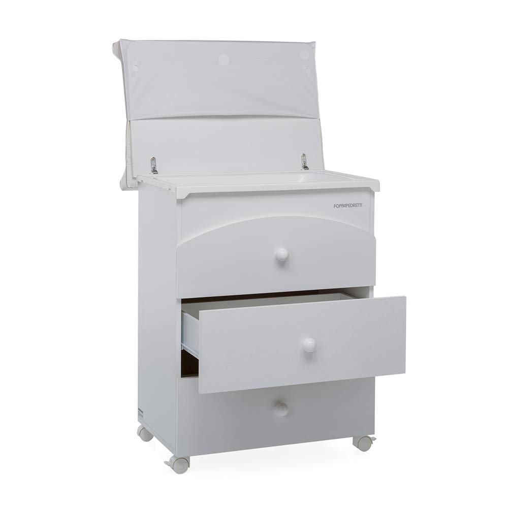 Foppapedretti Bagnetto Fasciatoio IlBagnetto, Legno, 3 Cassetti, Piano Ribaltabile, Vaschetta Anatomica Estraibile, 4 ruote, Materassino Incluso, 89x46x69 cm, Bianco