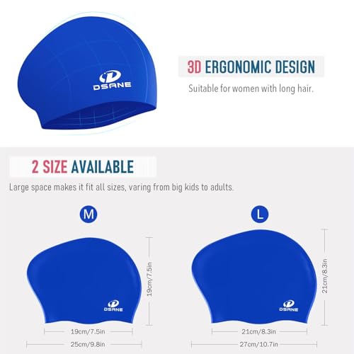 2 Pack Womens Silicone Swim Cap for Long Hair,3D Ergonomic Design Silicone Swimming Caps for Women Kids Men Adults Boys Girls with Ear Plug and Nose Clip(L) - Thumbnail 5