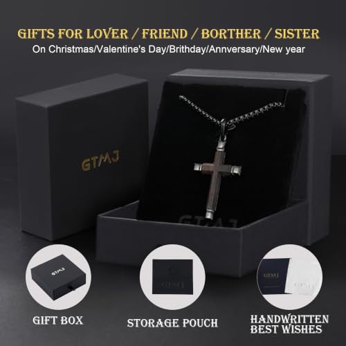 Image of Wooden Cross Necklace for Men with Stainless Steel Adjustable Chain 24-26in, Christian Wood Crucifix Pendant Gift for Him