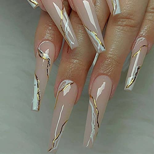Kamize Gold Fake Long Nails Coffin Press On Nails Swirl Acrylic Nails Tips Full Cover Nude False Nails For Women And Girls24Pcs #TOP10