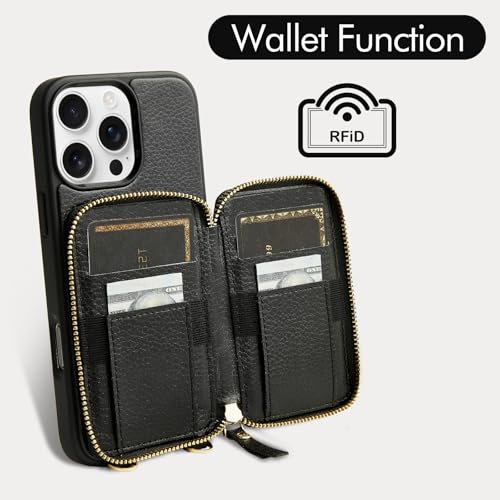 ZVE for iPhone 16 Pro Wallet Case with Card Holder, Zipper Crossbody Case with Wrist Strap for Women for iPhone 16 Pro 6.3" Black by ZVE - Image 2