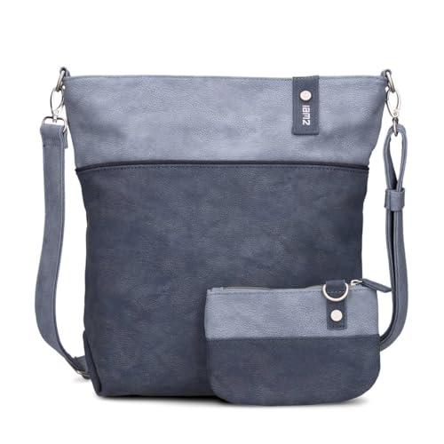 Zwei Damen Umhängetasche Jana J12 Crossbody Bag 9 L Handtasche Bicolor Canvas-Stil passender Kosmetikbeutel extra Schultergurt & Schlüsselband, Schultertasche DIN-A4 passend (nubuk-blue)