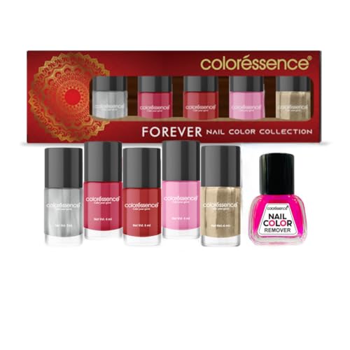 Image of Coloressence Forever Nail Paint Kit, Set of 5 with FREE Nail Polish Remover | Glossy Finish | Quick Dry | Chip Resistant