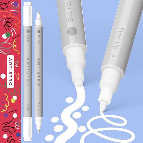 ARTISTRO 2 White Dual-Tip Acrylic Paint Pens - Multisurface Markers for Glass, Rock, Fabric, Wood, Plastic & More - 5mm Dot + 1mm Fine Tips