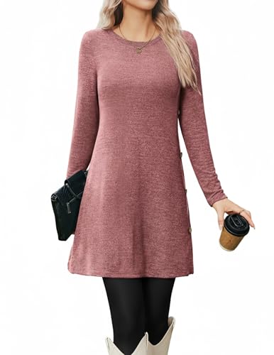 Image of Zeagoo Long Sleeve Dresses for Women UK Ladies Jumper Dress Crew Neck Casual Dresses Button Tunic Dress for Fall Winter Dark Red L
