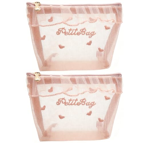 JEFSON Cute Makeup Bags with Heart Embroidery and Lace Trim -2 Pieces Portable Mesh Fabric Cosmetic Pouch for Purse, Travel, Home, and Office