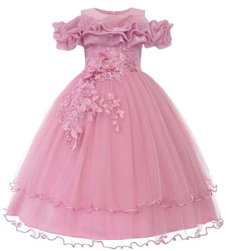 Uhnice Flower Girl Off Shoulder Dress Ruffle Sleeve Tulle Gown for Wedding Party