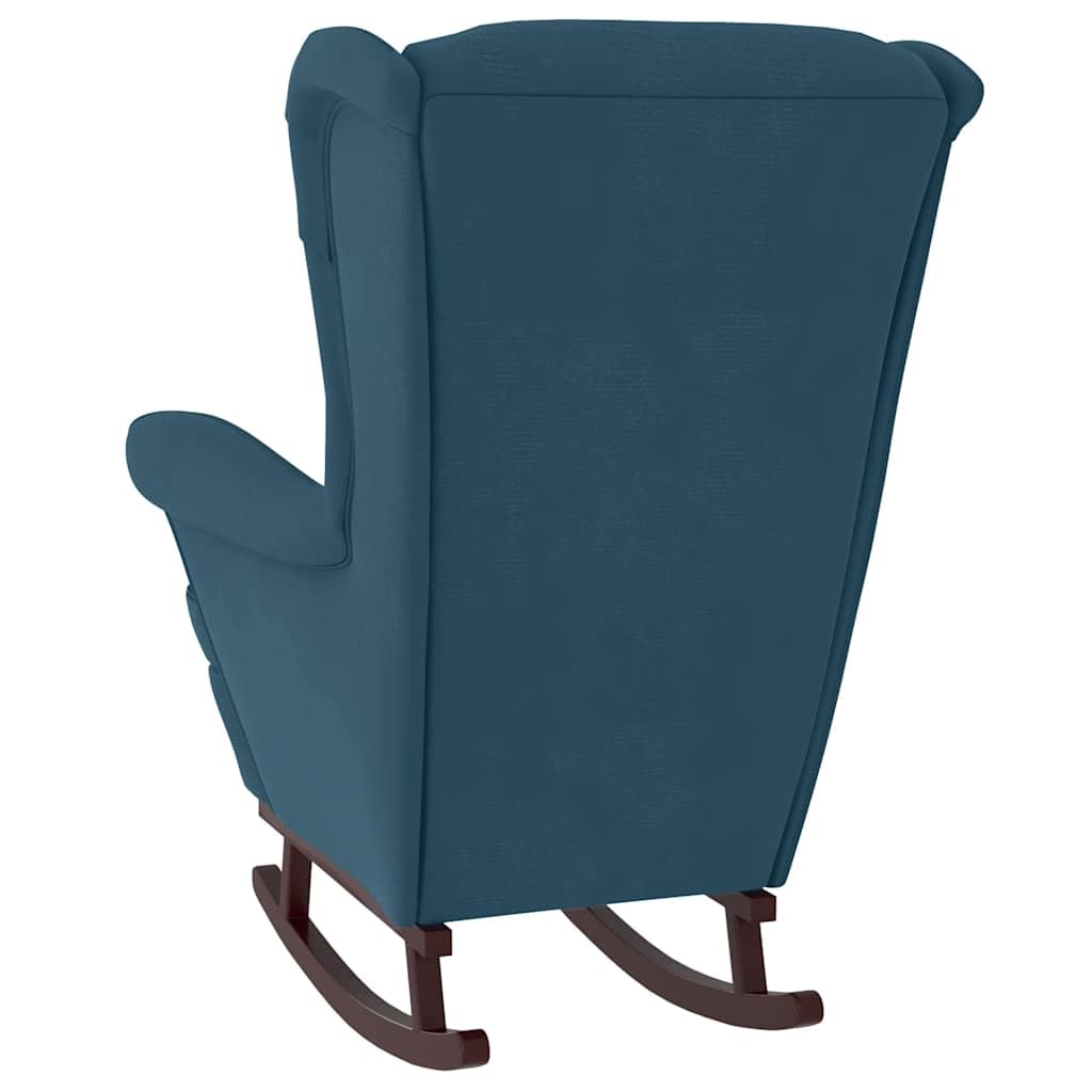 Sedia a dondolo con orecchie in velluto blu con seduta e schienale imbottiti, pattini in legno massiccio dell'albero della gomma, sedia a dondolo ergonomica per soggiorno, camera da letto