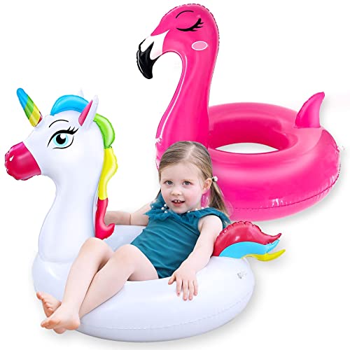 2 Pack Pool Floats for Kids Unicorn Flamingo Swim Ring Kids Pool Floaties Inflatable Swimming Pool Raft Party Water Toys for Age 2-5 Year Toddlers Girls Boys Summer Beach Float