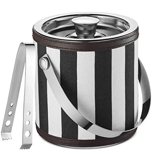 Mitbak Doubled Walled Ice Bucket with Ice Tongs | Sleek Insulated Stainless Steel Ice Holder Will Keep Ice Cubes Frozen for Hours | Elegant Kitchen and Bar Accessories | 1.5L (Black/White)