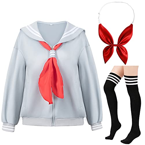 JK Harajuku Japanischer Anime Schule Klassisch Matrosen Top Coat Casual Puff Cute Solid Cozy Jacke Cardigan Socken Schleife Set, grau, Klein Cover