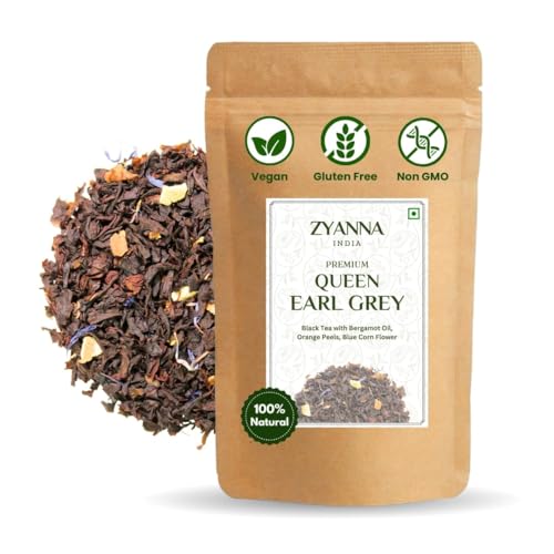 Zyanna Queen Earl Grey Tea | Premium Black Tea with Citrus Bergamot Oil, Orange Peels (100gm Bag/50 cups) Lady Loose Leaf - Natural Caffeine - Lemon Peel | Brew Hot or Iced, English Breakfast